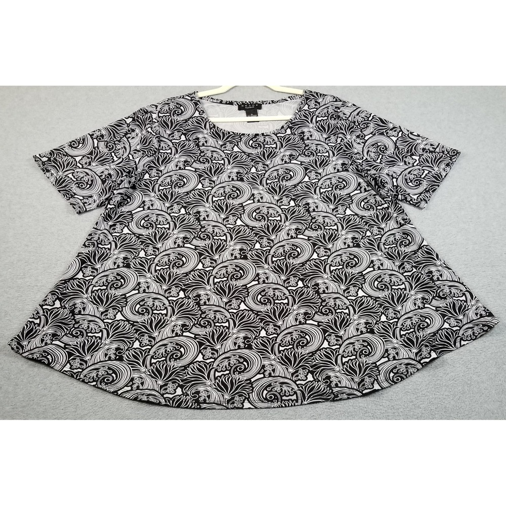Grace Top Women XL‎ Black White Scroll Floral Short Sleeve Tunic Stretch Perfect